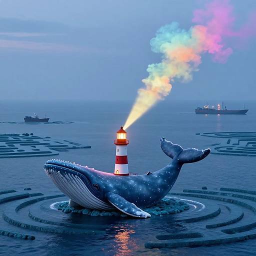 Digital artwork of a blue whale with a lit lighthouse on its back, emitting smoke, amidst a calm ocean with ships.