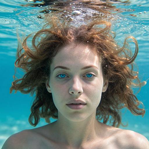 Underwater photograph of a fair-skinned woman with blue eyes and curly brown hair, looking directly at the camera in clear blue water.