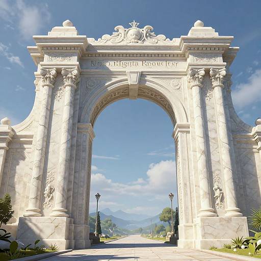 Photograph of a grand, white marble archway with intricate carvings, 