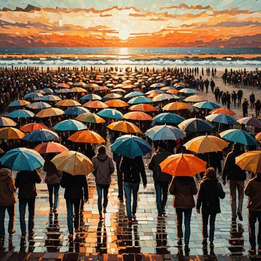 Abstract Crowded Beach with Colorful Umbrellas at Sunset