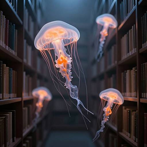 Photograph of glowing orange and white jellyfish floating through a dimly lit, narrow library aisle with tall, dark bookshelves.