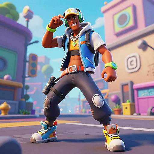 Vibrant CGI street scene of a muscular Black man with neon outfit, headphones, and sneakers, posing confidently on a sunny urban street.