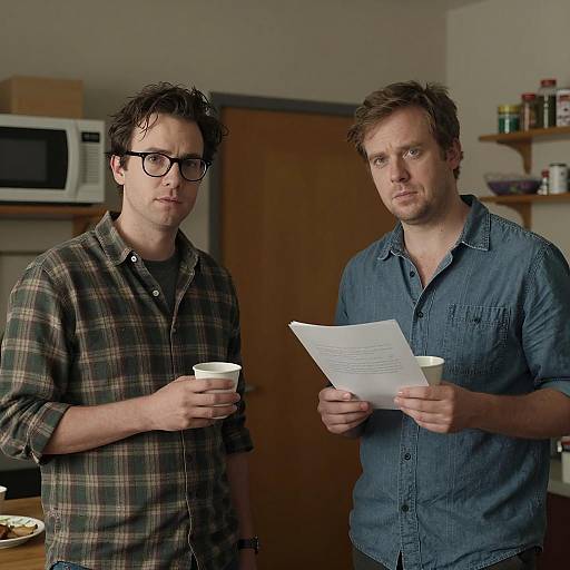 Men Conversing in a Dimly Lit Room