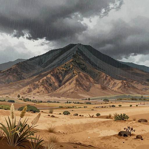 Photograph of a desert landscape with a rainy, overcast sky, featuring a dark, forested mountain in the background, sparse vegetation, and a