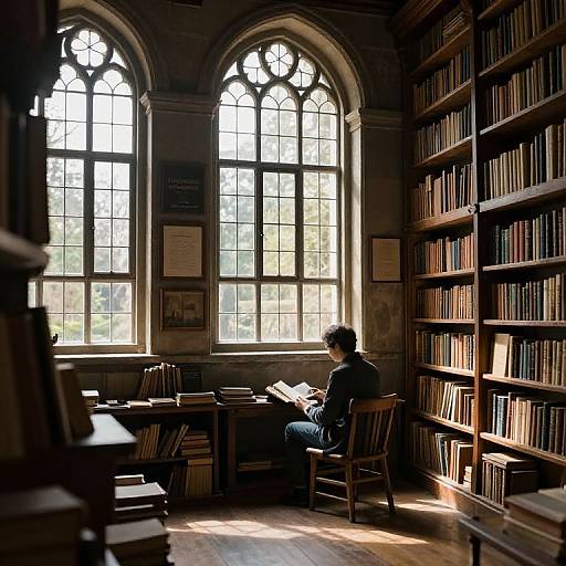 Photograph of a solitary woman reading in a sunlit, vintage library with tall, arched windows, wooden bookshelves, and warm, natural