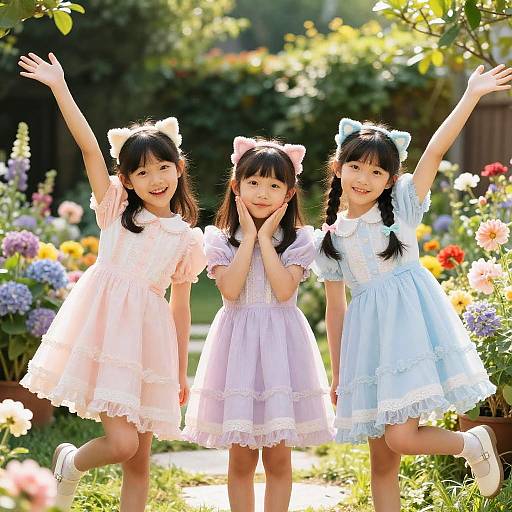 Photograph of three Asian girls in pastel dresses with bows, raising arms joyfully in a vibrant, sunlit garden filled with colorful flowers.