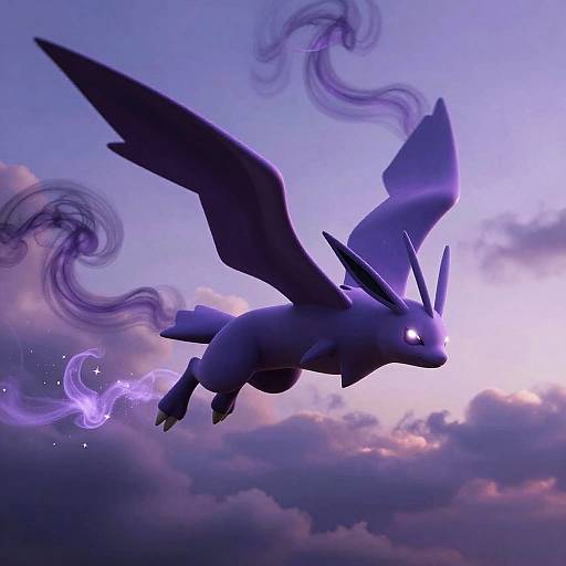 Digital artwork of a glowing, winged, blue creature with sharp horns and glowing eyes, flying amidst purple and pink clouds, with wisps of purple