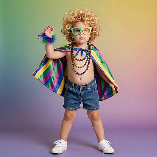 Photograph of a curly-haired toddler wearing colorful striped cape, glasses, beaded necklace, denim shorts, white sneakers, and rainbow wristband.