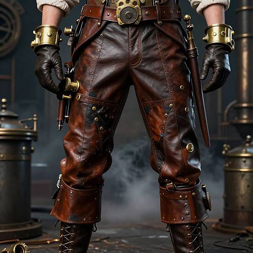 Steampunk character in dark brown leather pants with brass buttons, black gloves, and brass cuffs, standing in a smoky industrial setting.