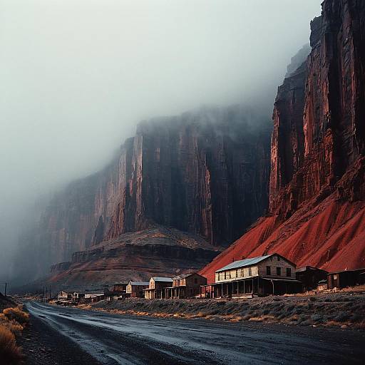 Deserted Mining Town Beneath Misty Red Cliffs