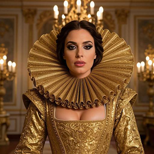 Photograph of a woman in elaborate gold Renaissance-style gown with large ruffled collar, dark hair, intense makeup, standing in opulent room with ch