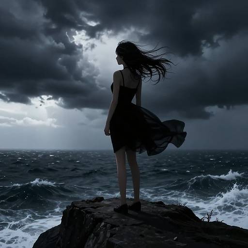 Silhouetted woman in a flowing dress stands on a rocky cliff, wind blowing, dark stormy sky, turbulent ocean waves. Digital art.