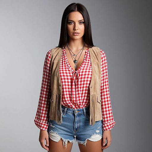 Photograph of a woman with long black hair, wearing a red checkered shirt, beige fringed vest, and distressed denim shorts, against a gray