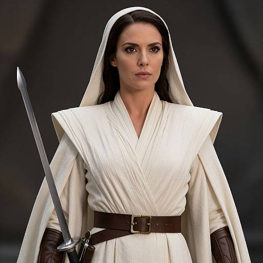 Photorealistic CGI of a serious brunette woman in white Jedi robes with a brown belt, holding a silver lightsaber, hood down. Dark background.