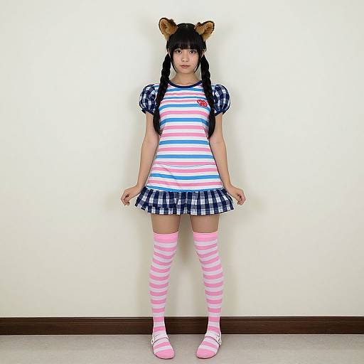 Photograph of an Asian woman in a striped dress, black and white plaid skirt, pink and white striped thigh-high socks, and pink shoes,