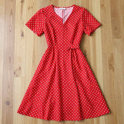 Photograph of a red, short-sleeved, V-neck dress with white polka dots, laid flat on a wooden floor.