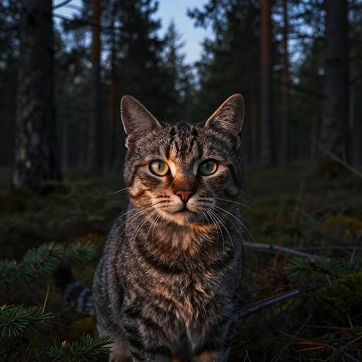 Photograph of a curious, green-eyed, grey tabby cat with striped fur standing in a dark, dense forest at dusk.