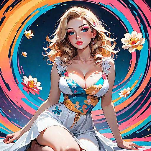 Blonde Woman in Colorful Sundress with Floral Accents
