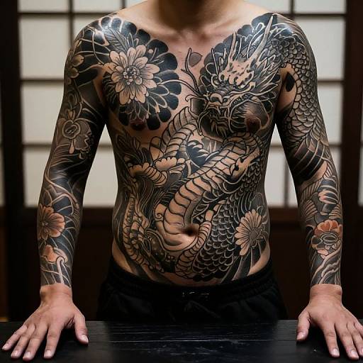 Photograph of a shirtless man with intricate black and gray Japanese-style tattoos of flowers and a dragon covering his chest, arms, and stomach, leaning