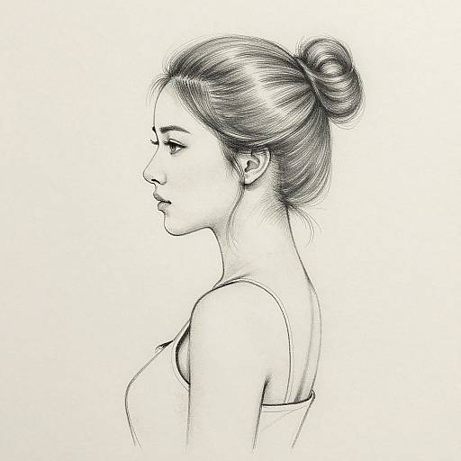 Black-and-white digital sketch of a young woman in profile, with her hair in a bun, wearing a sleeveless top, and looking thoughtfully forward