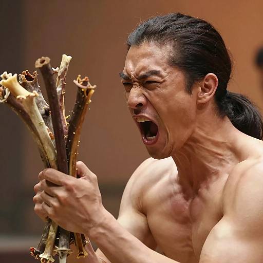 Intense Man Yelling with Dried Animal Parts