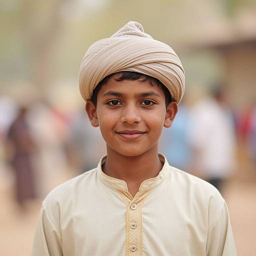 Photograph of a young boy with medium brown skin, dark eyes, and short black hair, wearing a beige turban and cream traditional shirt, smiling