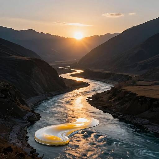Photograph of a serene mountain valley at sunset, with a winding river reflecting golden sunlight, and a unique yellow and white swirl on the water's surface