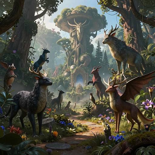 Fantastical forest scene: mythical deer with antlers, winged creatures, and a towering treehouse with a statue in the background. Sunlight