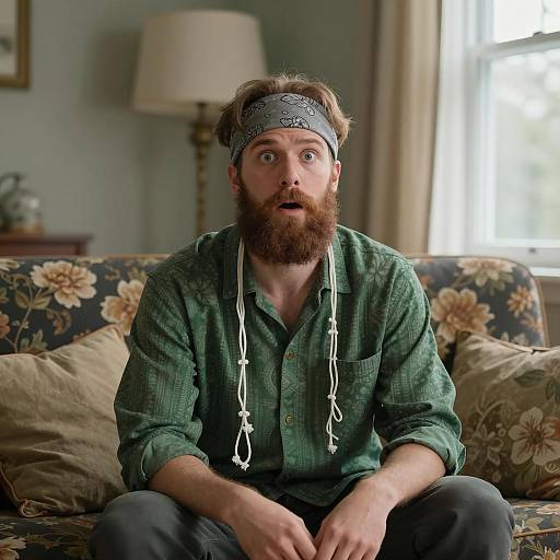 Surprised Man Sitting on Floral Sofa