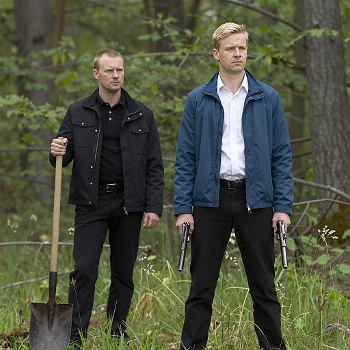 Two Men in Forest with Guns and Shovel