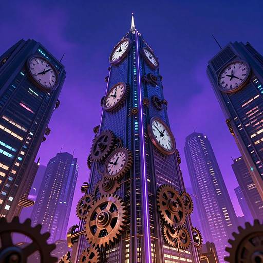 Neon-lit cityscape photograph of a skyscraper with multiple clock faces and large gears, surrounded by glowing buildings under a purple-blue sky. Cyber