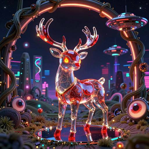 Neon-lit, metallic reindeer statue with glowing red eyes and antlers, standing on a circular platform in a futuristic, cyberpunk cityscape