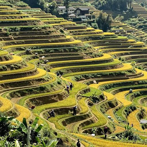 Photograph of vibrant, terraced rice fields with winding yellow-green rows, two small figures in the foreground, and a distant farmhouse.