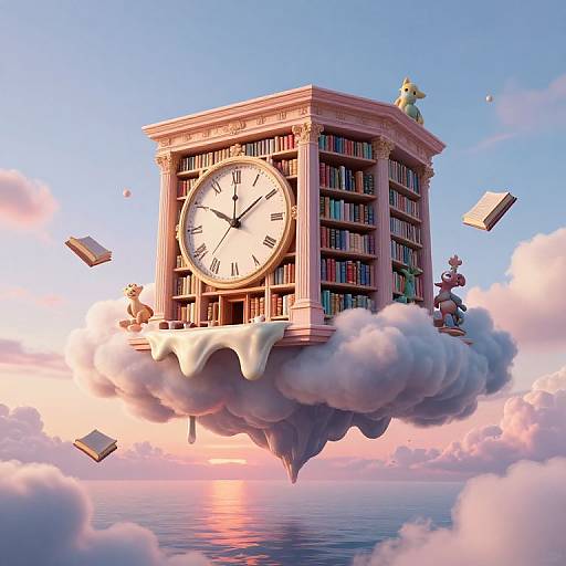 Digital illustration of a floating, pink clock tower with books, surrounded by clouds, books flying, and a sunset over the ocean.