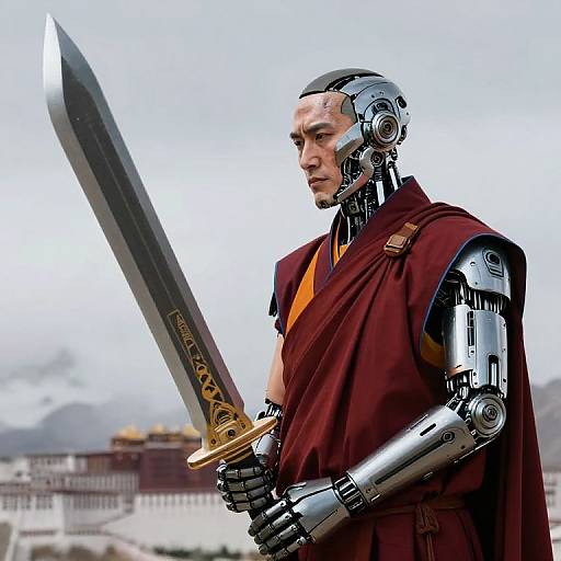 Tibetan Cyborg Monk with Sci-Fi Sword
