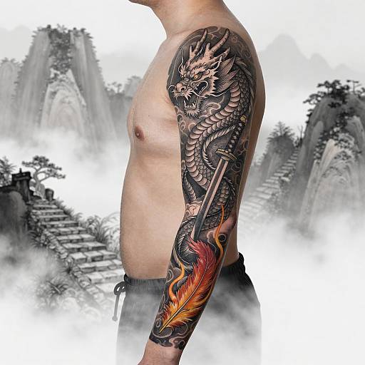 Fierce Dragon and Katana Tattoo Design