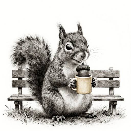 Charcoal Squirrel with Acorn and Mug