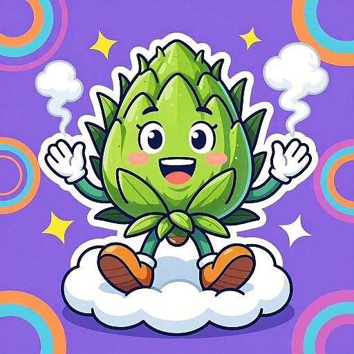 Cute, green, cartoon broccoli character with smiling face, blushing cheeks, waving hands, sitting on cloud, rainbow background, colorful sparkles.