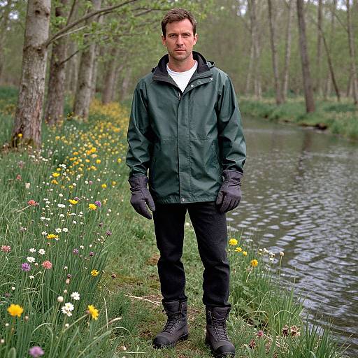 Photograph of a man in a green jacket, black pants, and gloves standing by a forested creek with wildflowers.