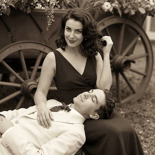 Vintage Sepia Portrait of Couple with Wagon Wheel Background