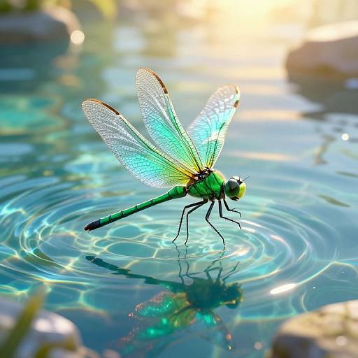 Photograph of a vivid green dragonfly with translucent blue-tinged wings, perched on rippling water, reflecting sunlight.