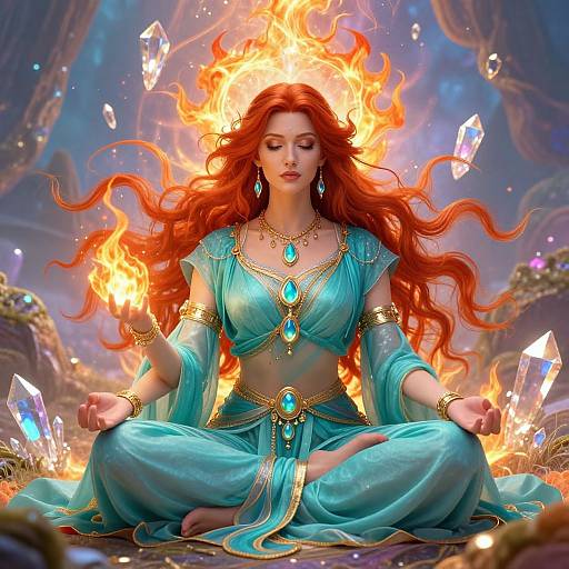 Digital painting of a red-haired sorceress with glowing blue attire, seated in lotus position, surrounded by fire and crystal orbs.