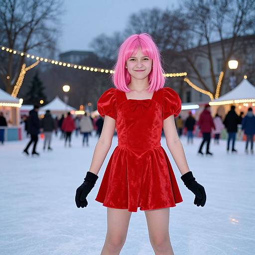 Photograph of a young girl with pink hair in a red velvet dress, black gloves, standing on a snowy outdoor ice rink at dusk, surrounded