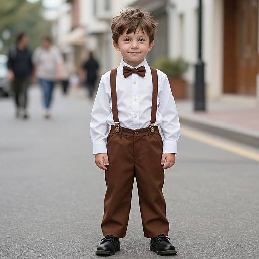 Photograph of a cute young boy with messy brown hair, wearing a white shirt, brown bow tie, brown suspenders, and pants, standing on