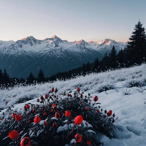 Frosty Alpine Meadow with Rose Hips at Dawn