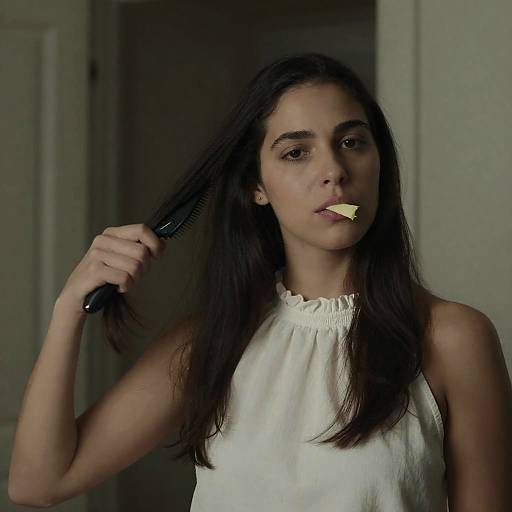 Woman Combing Hair with Gum in Mouth