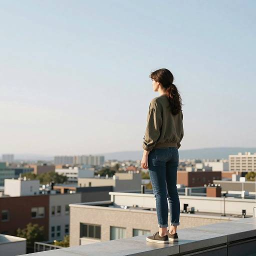 Woman Standing on Rooftop Overlooking City