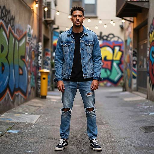 Photograph of a bearded, dark-skinned man in a blue denim jacket and ripped jeans, standing in a graffiti-covered urban alleyway at night