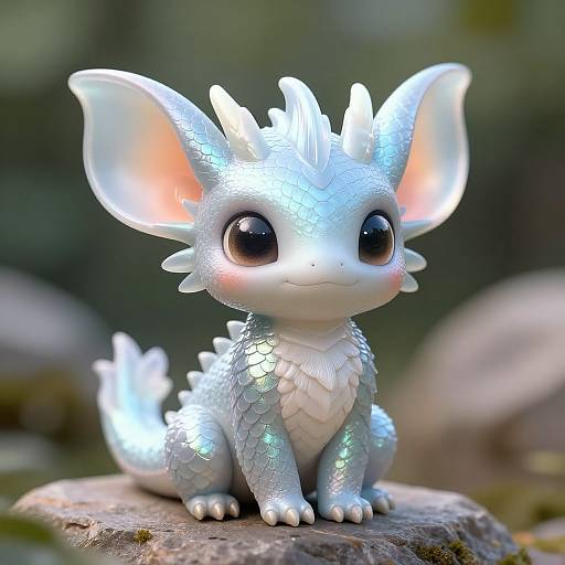 CGI image of a cute, glowing, silver dragon with large, shiny black eyes and pink inner ears, sitting on a rock in a blurred forest