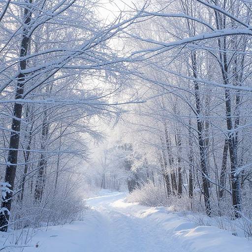 Photograph of a snow-covered forest path, flanked by bare, snow-laden trees, with bright white snow and a clear, blue sky.